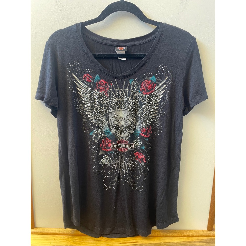 Harley Davidson T-Shirt Womens M Black Skull Rose Rhinestone V-Neck